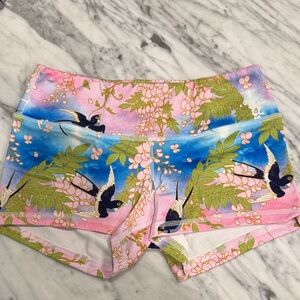 Fleo Pink Blue Floral & Swallow Print Athletic Shorts